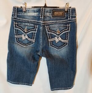 Miss Me Dark Blue Denim Bermuda Shorts with White Stitching - 29"